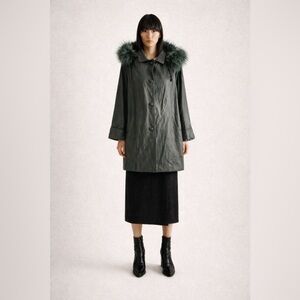VINTAGE - Green Leather Coat with Genuine Fur Hood Oversized 90s Statement Coat